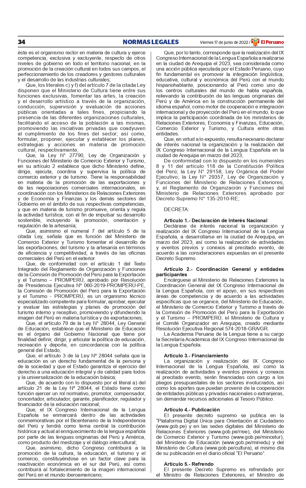 Decreto Supremo 037-2022-RE - Declara interes nacional organización IX Congreso Inter de la Lengua - 2